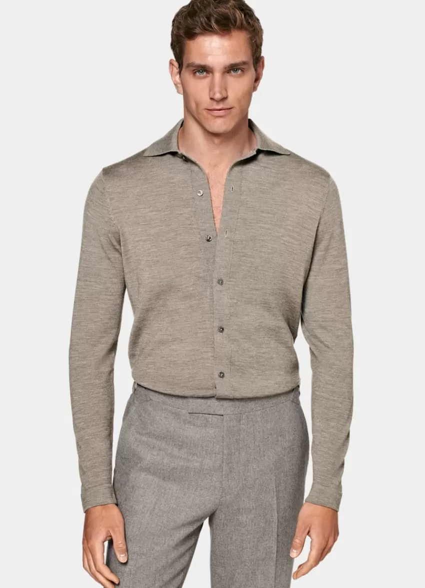 Suitsupply Merino Polo-Cardigan Langarm Taupe Aus Pure Schurwolle | Deutschland Best