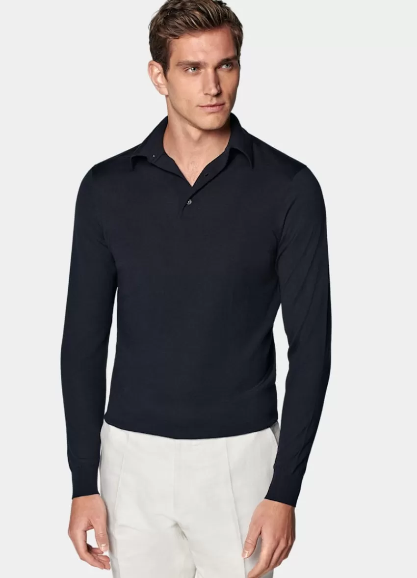 Suitsupply Merino Poloshirt Langarm Navy Aus Pure Schurwolle | Deutschland New