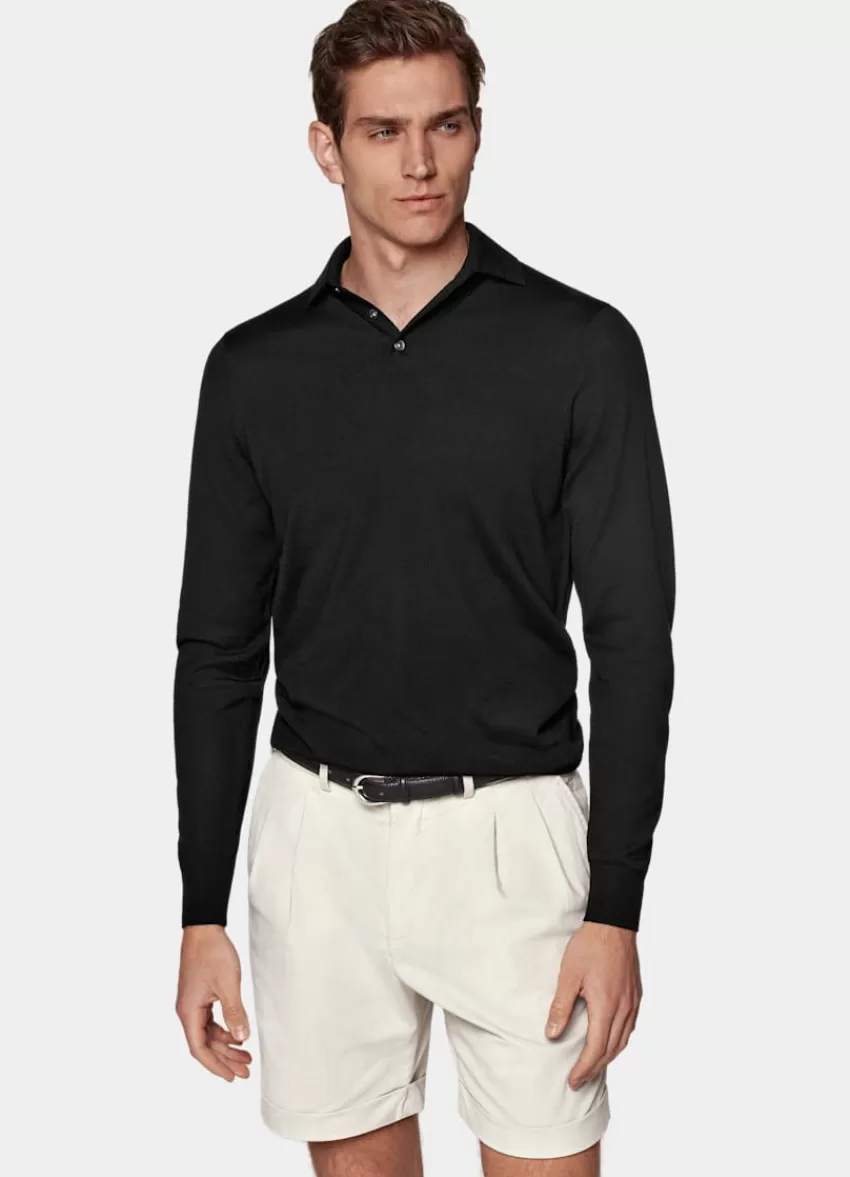 Suitsupply Merino Poloshirt Langarm Schwarz Aus Pure Schurwolle | Deutschland Sale