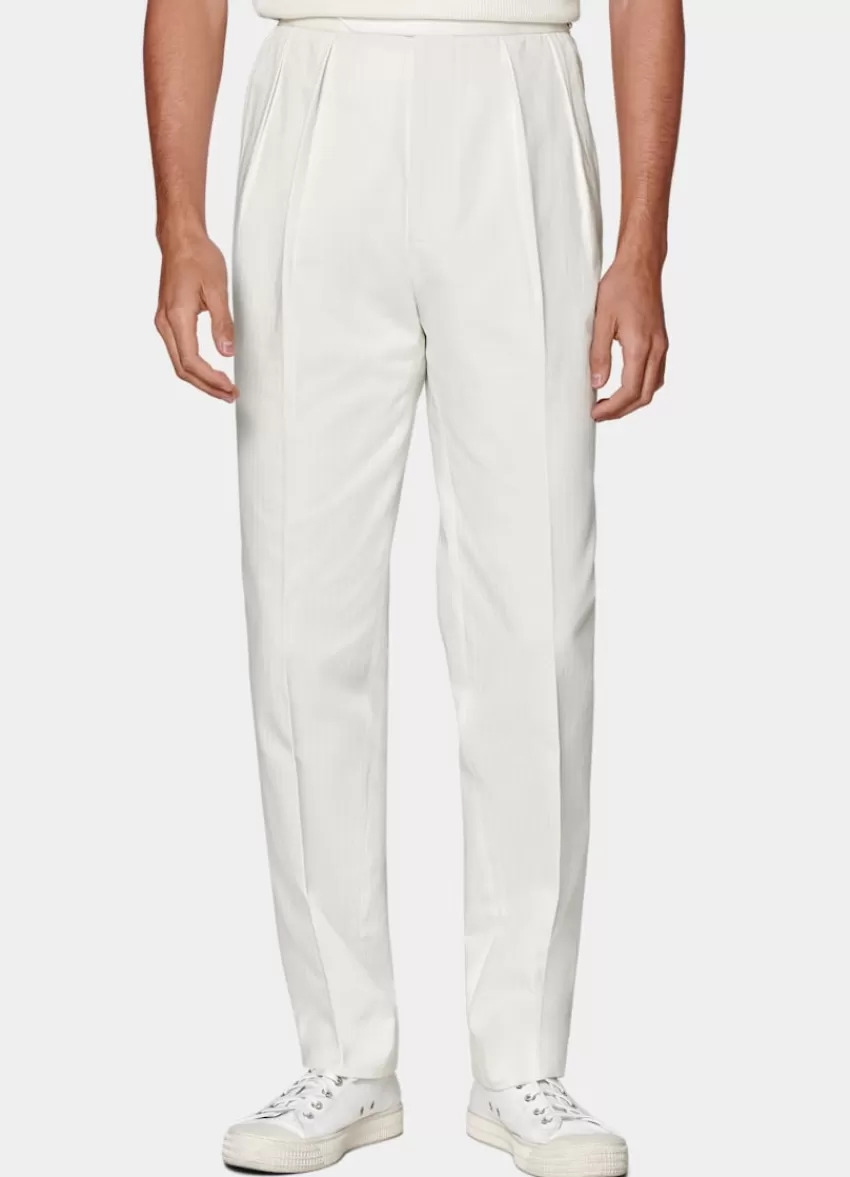 Suitsupply Mira Hose Off-white Fischgrätmuster Wide Leg Tapered Aus Reine Baumwolle | Deutschland Fashion