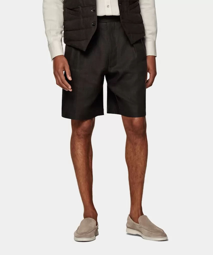 Suitsupply Mira Shorts Dunkelbraun Bundfalte Aus Pures Leinen | Deutschland New