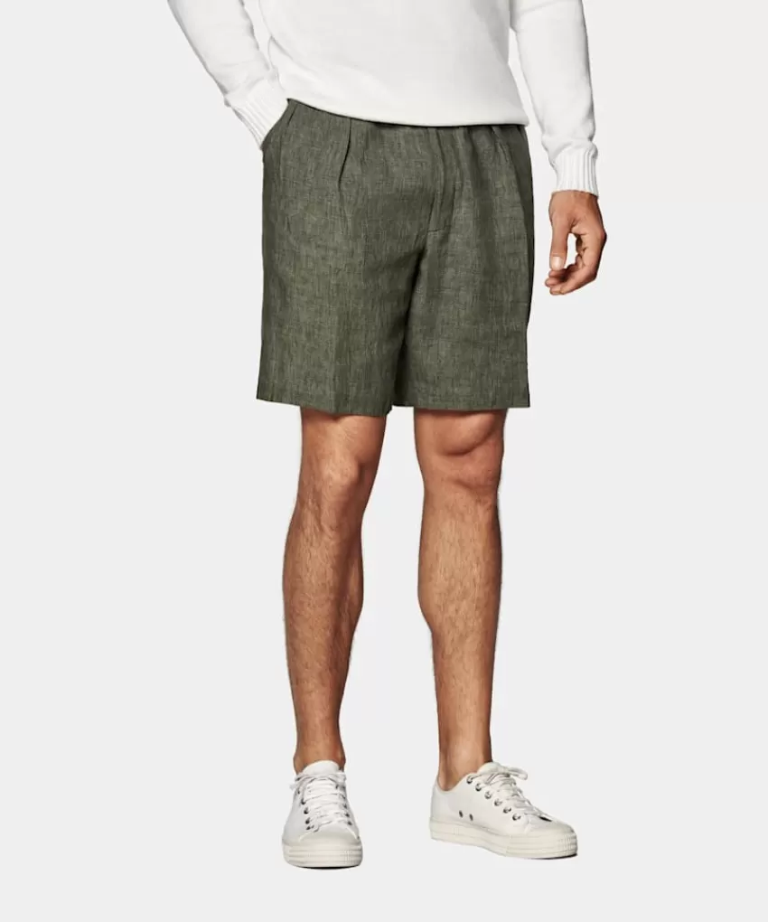 Suitsupply Mira Shorts Dunkelgrün Bundfalte Aus Pures Leinen | Deutschland Sale