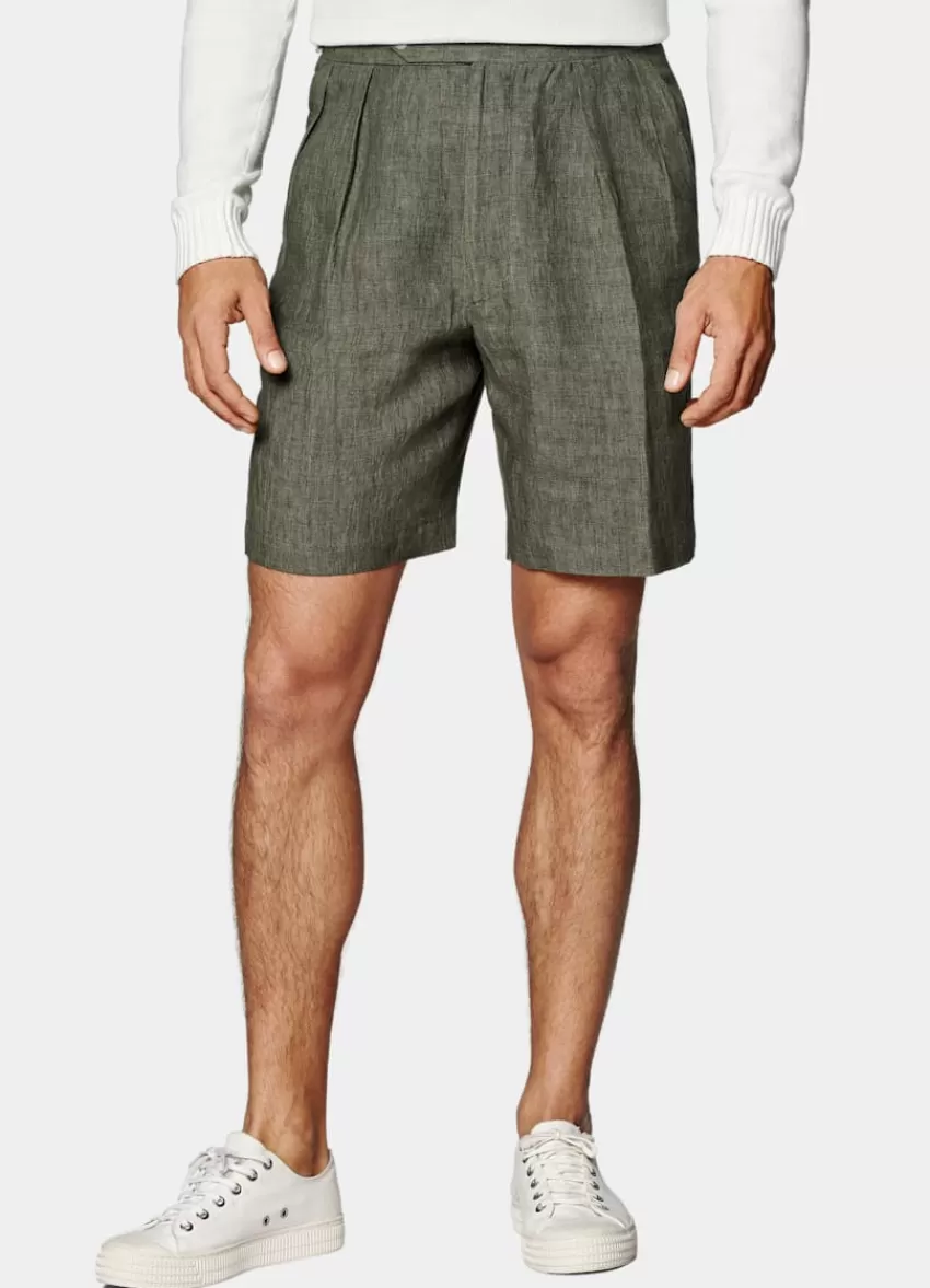 Suitsupply Mira Shorts Dunkelgrün Bundfalte Aus Pures Leinen | Deutschland Sale