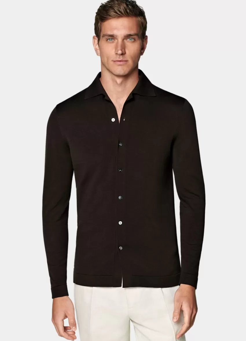 Suitsupply Polo-Cardigan Dunkelbraun Langarm Aus Kalifornische Baumwolle Und Maulbeerseide | Deutschland Cheap