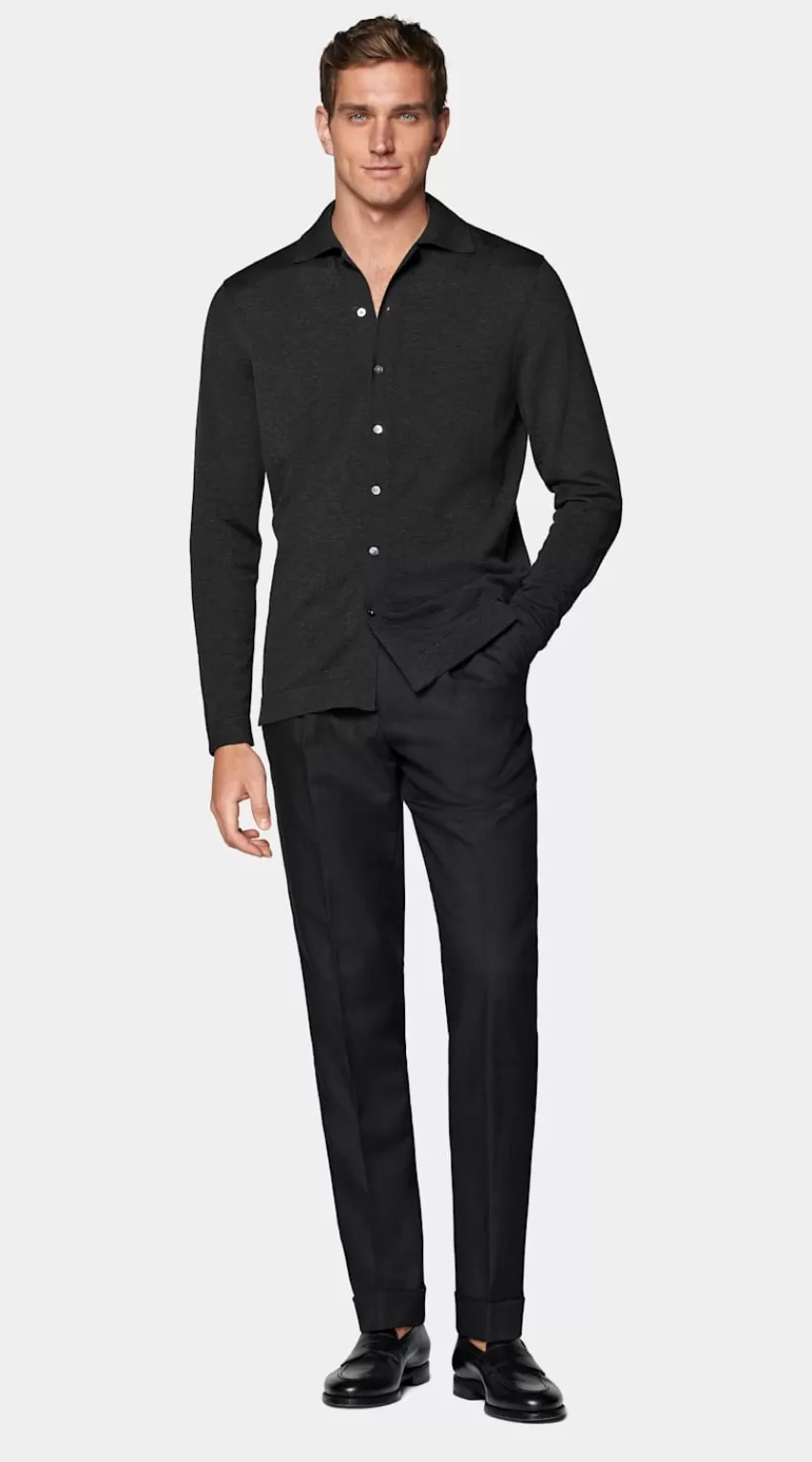 Suitsupply Polo-Cardigan Dunkelgrau Langarm Aus Kalifornische Baumwolle Und Maulbeerseide | Deutschland Online