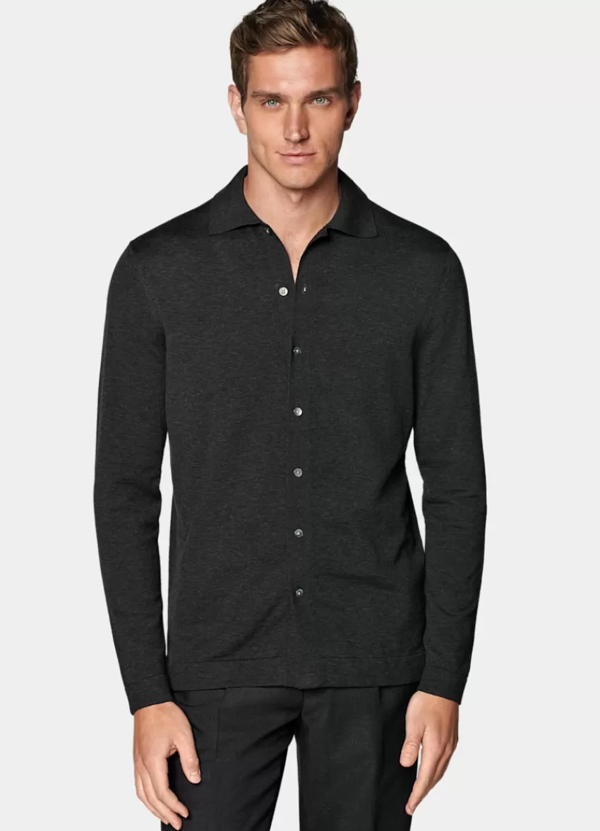 Suitsupply Polo-Cardigan Dunkelgrau Langarm Aus Kalifornische Baumwolle Und Maulbeerseide | Deutschland Online