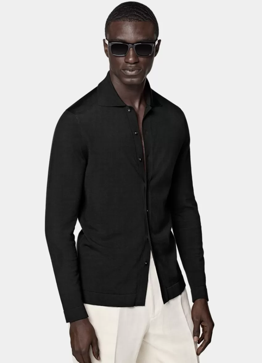 Suitsupply Polo-Cardigan Schwarz Langarm Aus Kalifornische Baumwolle Und Maulbeerseide | Deutschland Best Sale