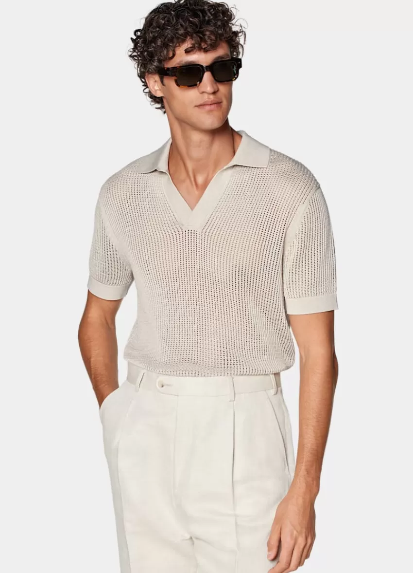 Suitsupply Poloshirt Sand Knopffrei Crochet Aus Kalifornische Baumwolle Und Maulbeerseide | Deutschland Hot