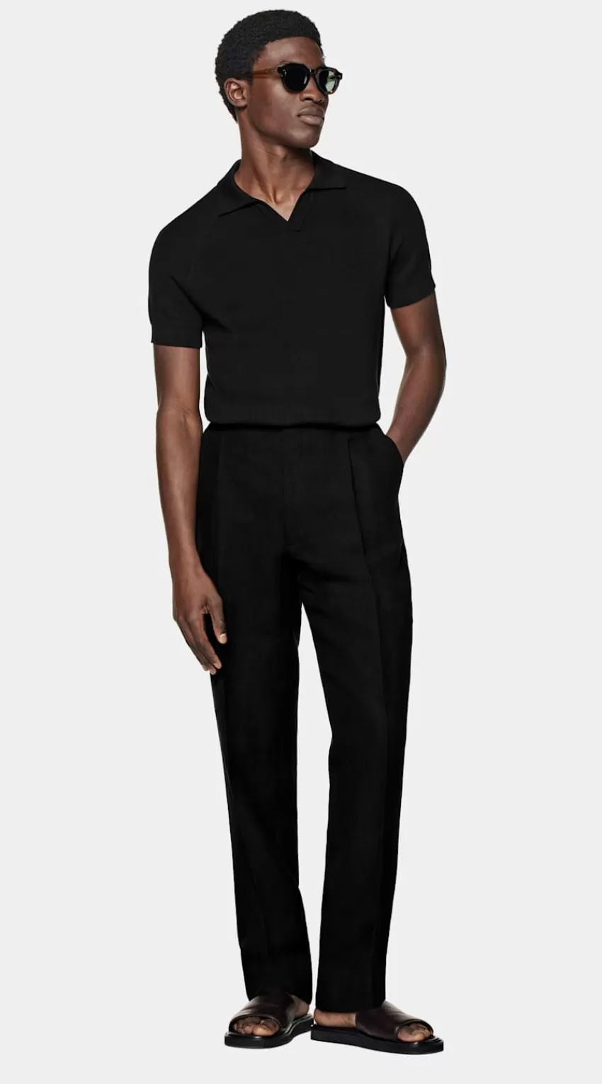 Suitsupply Poloshirt Schwarz Ripp-Strick Knopffrei Aus Kalifornische Baumwolle Und Maulbeerseide | Deutschland Hot