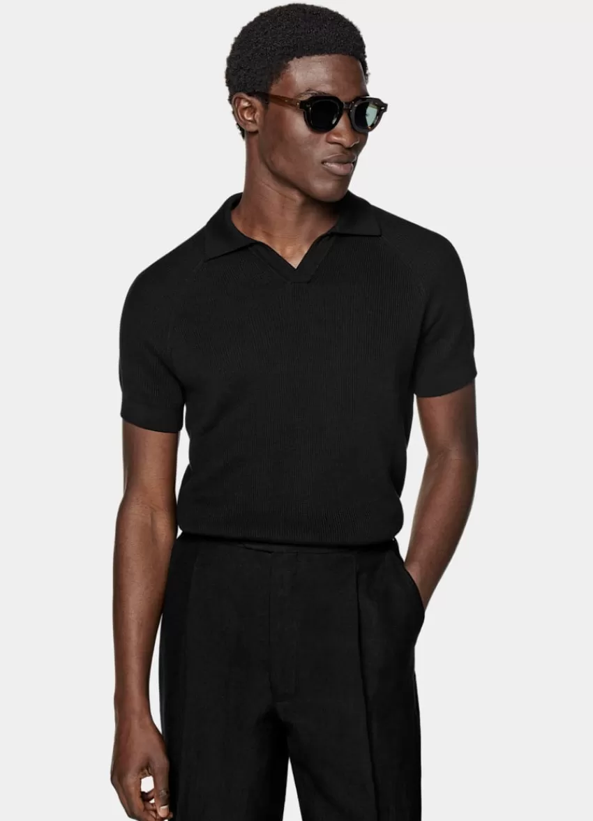 Suitsupply Poloshirt Schwarz Ripp-Strick Knopffrei Aus Kalifornische Baumwolle Und Maulbeerseide | Deutschland Hot
