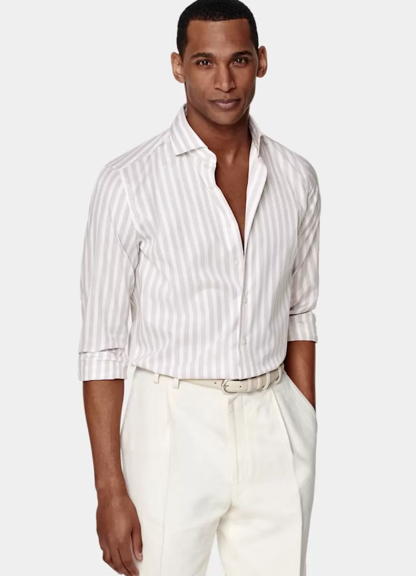 Suitsupply Popeline Hemd Hellbraun Gestreift Extra Slim Fit Aus Baumwolle Lyocell | Deutschland Best Sale