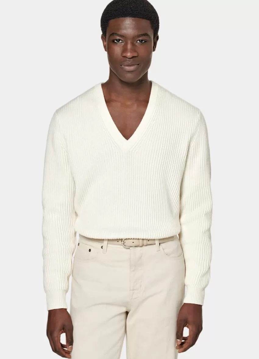 Suitsupply Pullover Off-white Rippstrick V-Ausschnitt Aus Schurwolle Und Cashmere | Deutschland Cheap