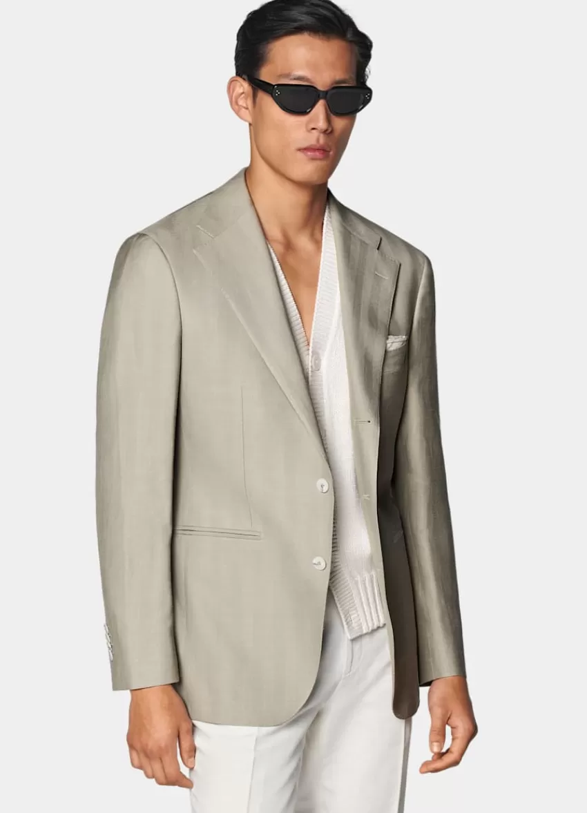 Suitsupply Roma Sakko Hellgrün Fischgrätmuster Relaxed Fit Aus Schurwolle Seide Leinen | Deutschland Flash Sale