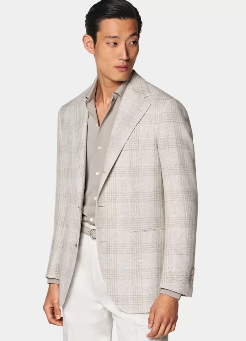Suitsupply Roma Sakko Helltaupe Kariert Relaxed Fit Aus Leinen Seide Schurwolle Baumwolle | Deutschland Hot