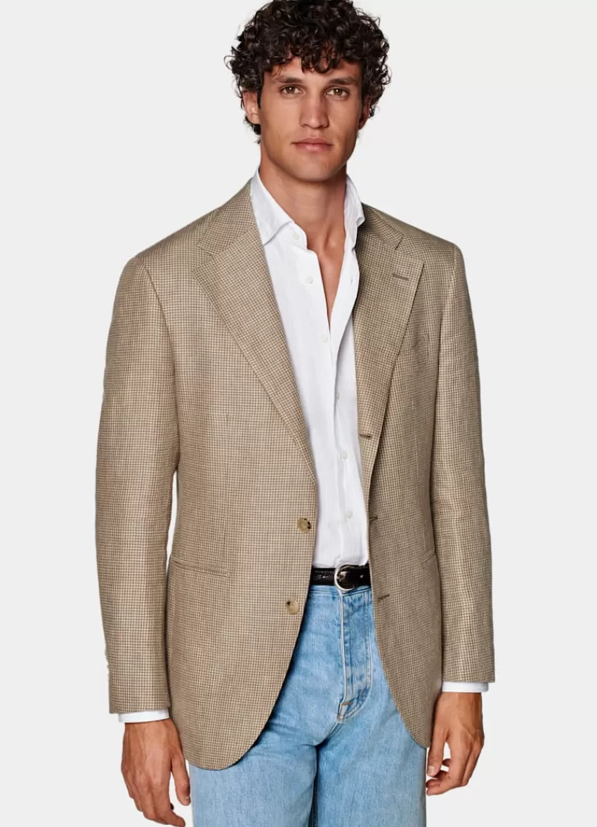 Suitsupply Roma Sakko Mittelbraun Hahnentrittmuster Relaxed Fit Aus Leinen Alpaka Seide | Deutschland Best