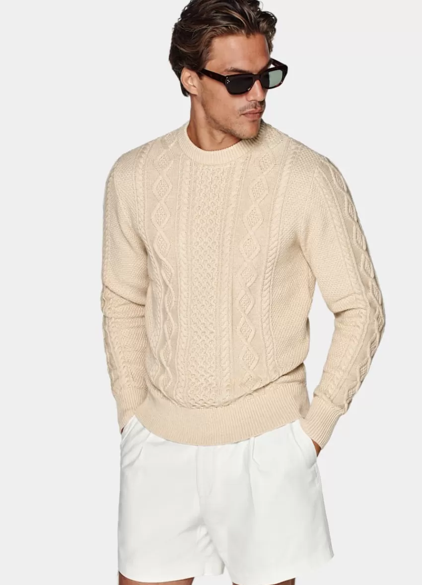 Suitsupply Rundhalspullover Hellbraun Kabelstrick Aus Pure Kalifornische Supina-Baumwolle | Deutschland Flash Sale