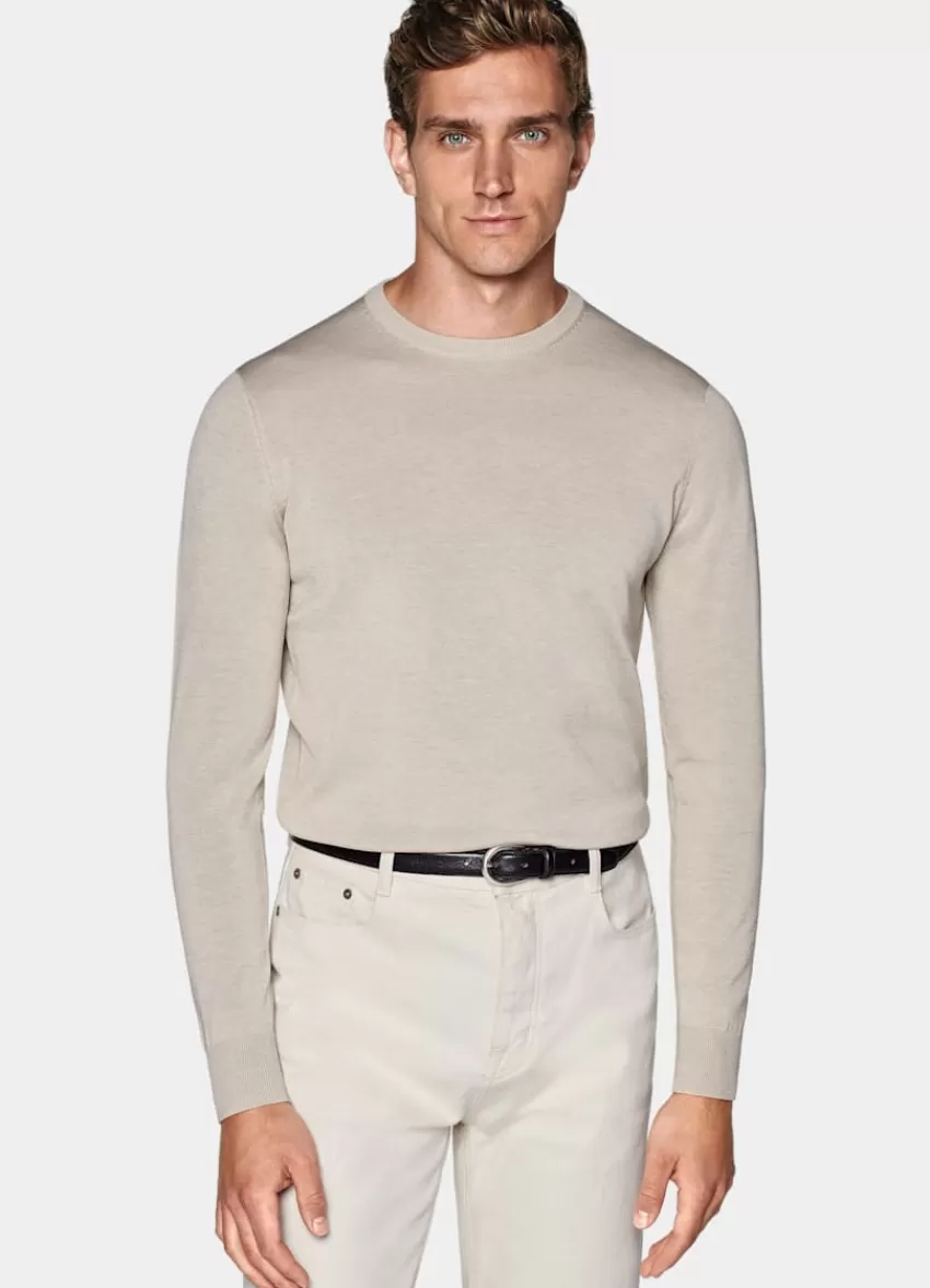 Suitsupply Rundhalspullover Sand Aus Kalifornische Baumwolle Und Maulbeerseide | Deutschland New
