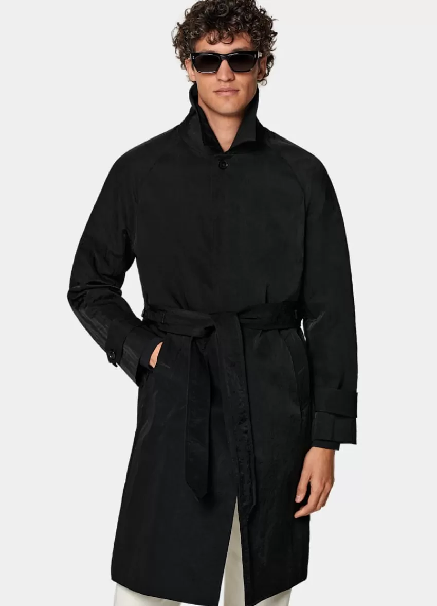 Suitsupply Trenchcoat Schwarz Gürtel Aus Wasserabweisender Technischer Stoff | Deutschland Cheap