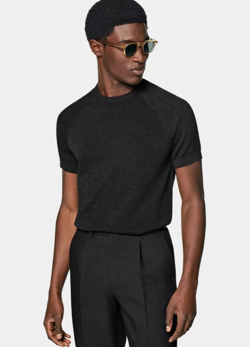 Suitsupply T-Shirt Dunkelgrau Rundhals Kurzarm Raglanärmel Aus Kalifornische Baumwolle Und Maulbeerseide | Deutschland Discount