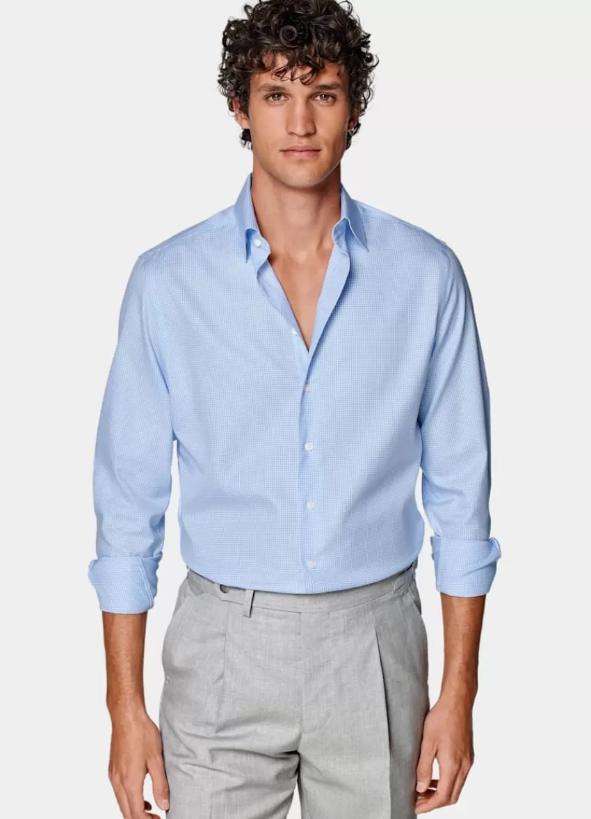 Suitsupply Twill Hemd Hellblau Kariert Slim Fit Aus Pure Traveller Baumwolle | Deutschland New