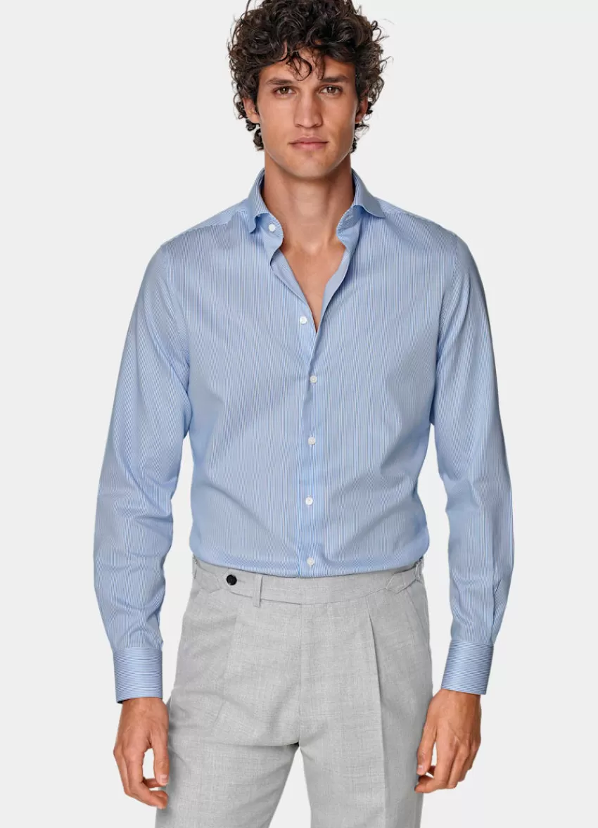 Suitsupply Twill Hemd Mittelblau Gestreift Extra Slim Fit Aus Pure Traveller Baumwolle | Deutschland Hot