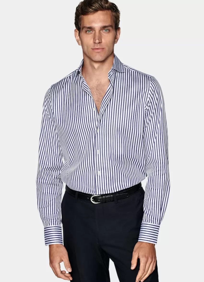 Suitsupply Twill Hemd Navy Gestreift Slim Fit Aus Ägyptische Baumwolle | Deutschland Discount