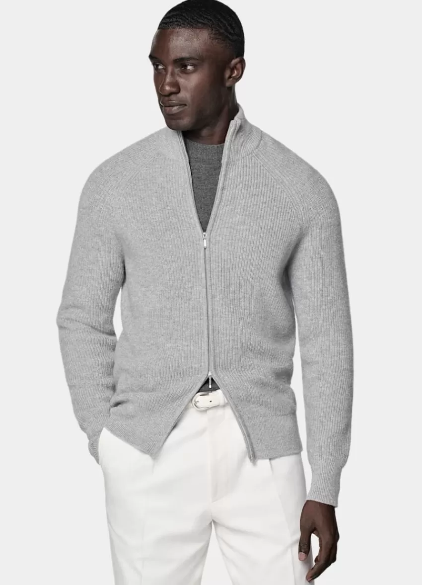 Suitsupply Zip-Cardigan Hellgrau Ripp-Strick Aus Schurwolle Und Cashmere | Deutschland Online