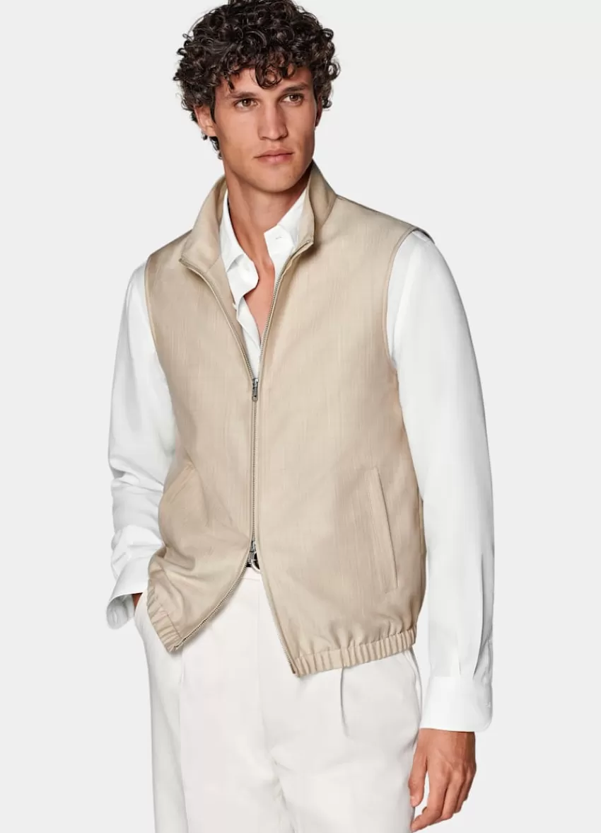 Suitsupply Zip-Weste Sand Fischgrätmuster Aus Wolle Mohair | Deutschland Outlet